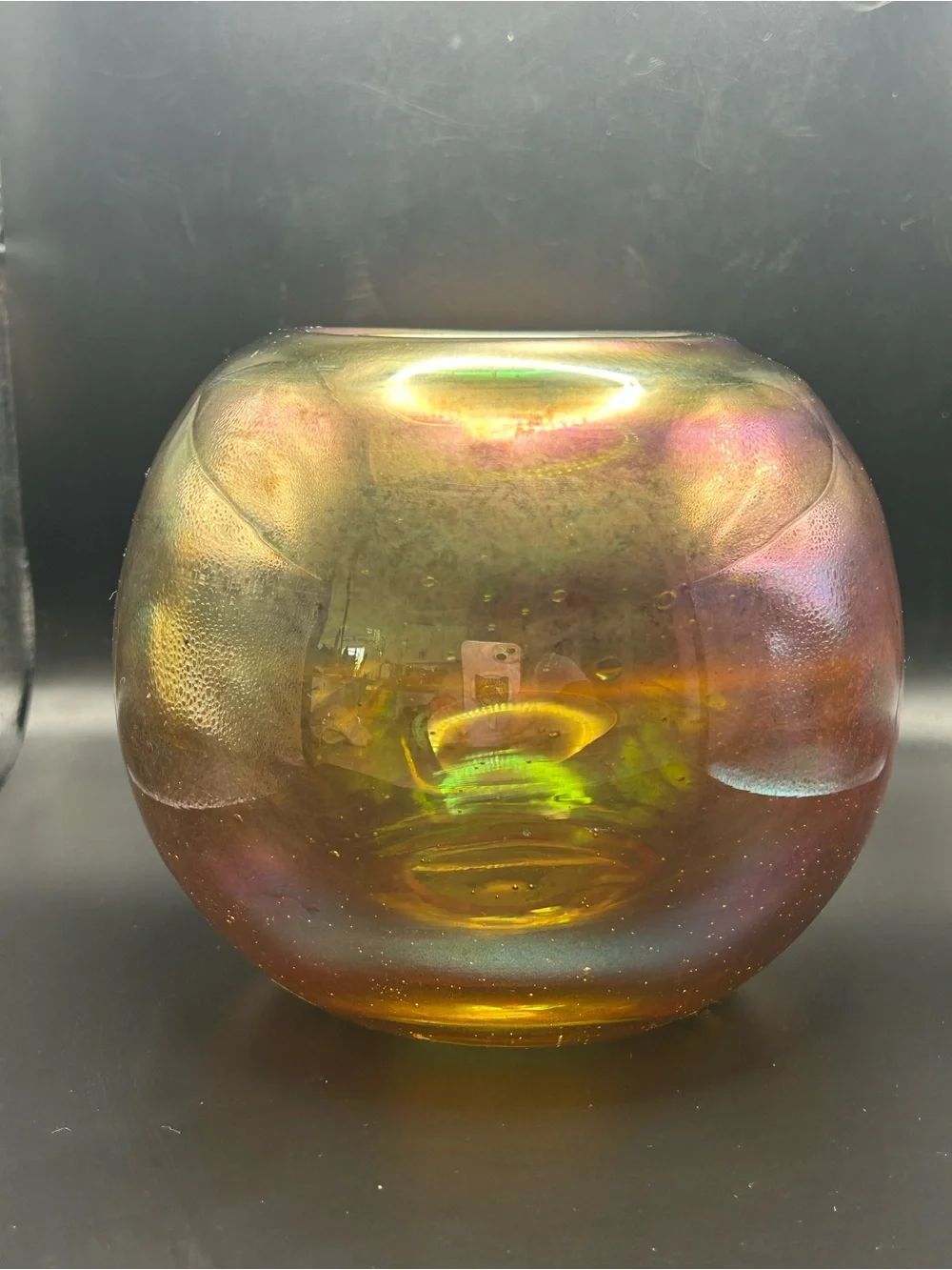 VTG Hand blown Iridescent Squat Sphere Vase Oil Slick Rainbow Luster